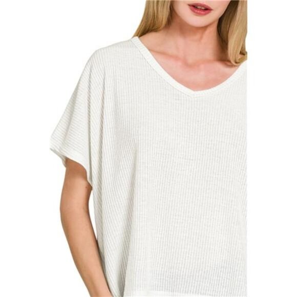 Zenana Ribbed‎ V-Neck Short-Sleeve Knit Top - Picture 2 of 3